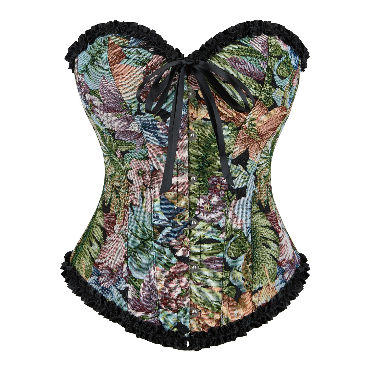 Women Overbust Corset Oil Painting Floral Ruffles Trim Bustier Top Korset Shaper